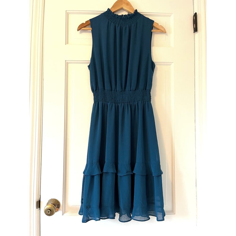 Emma & Michele Sleeveless Teal Blue Mock Neck Tiered Dress, Size Small